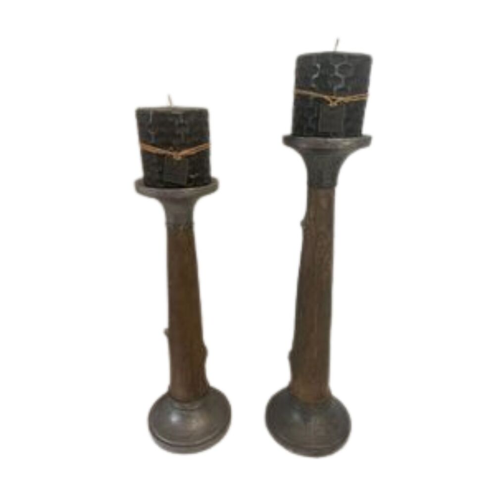Set of 2 Rustic Resin Tree Trunk Pillar Candle Holders Pewter Look 13” & 15”
